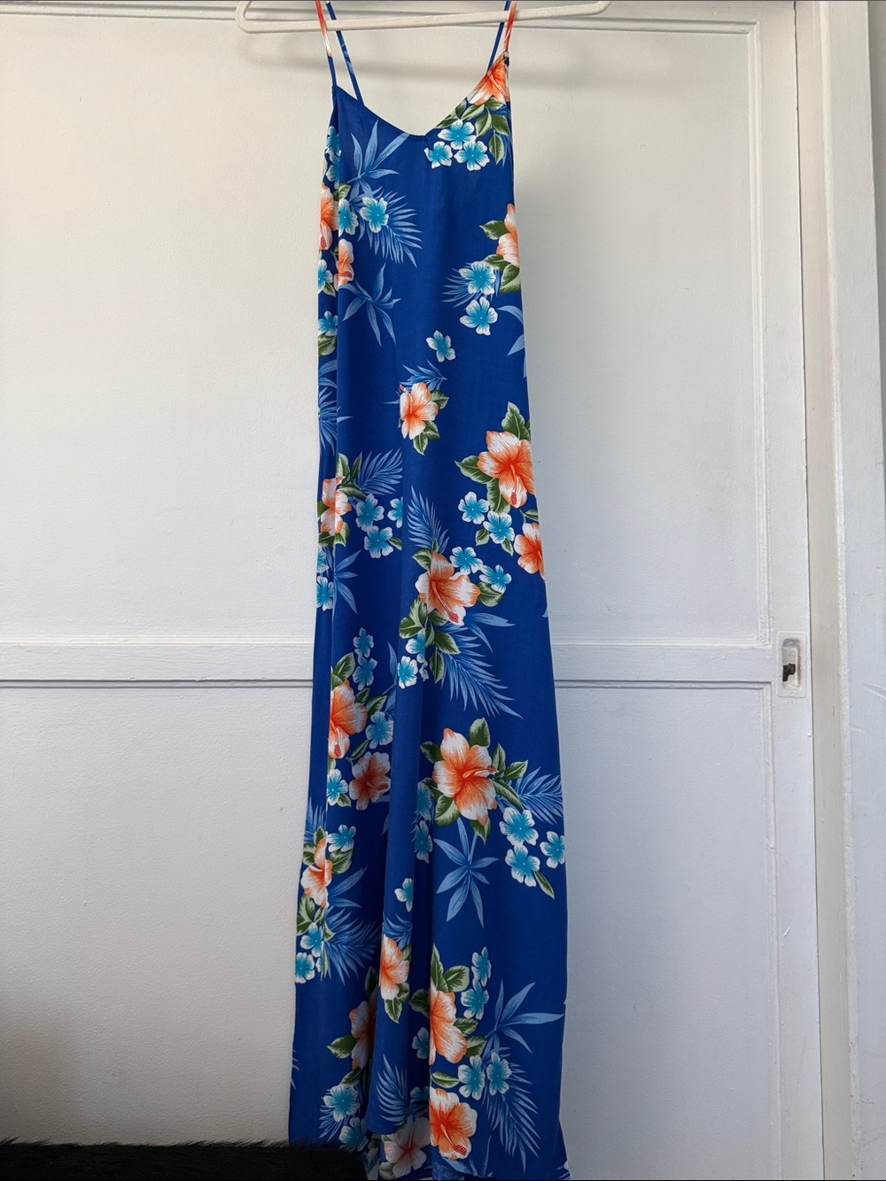 Blue Floral Maxi Dress with Spaghetti Straps